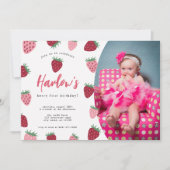 フォトピンク&レッドストロベリーベリー第1誕生日 招待状 (正面)