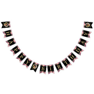 フォトピンパーソナライズされたクフローラブラック金ゴールド誕生日 バンティングフラッグ