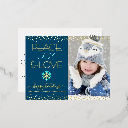 フォトピースジョイ愛スノーフレーク海軍ブルー実在金ゴールド 箔シーズンポストカード (正面/裏面)