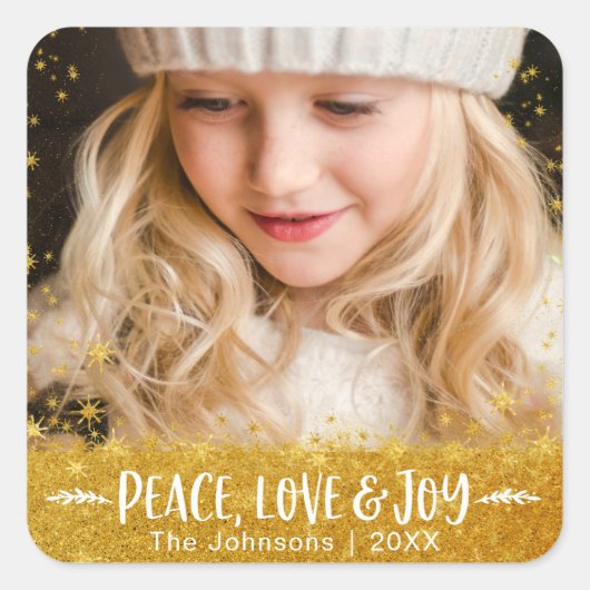 フォトピースラブジョイ金ゴールドグリッタースターモダンネーム スクエアシール (正面)