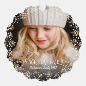 フォトピースラブジョイ金ゴールドスノーフレークシックなクリスマス オーナメントカード (正面)