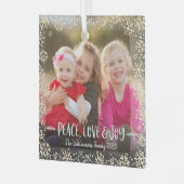 フォトピースラブジョイ金ゴールドスノーフレークモダン休日 ガラスオーナメント (正面左)