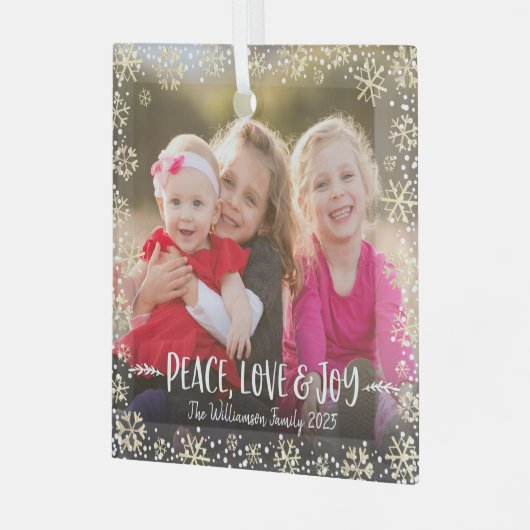 フォトピースラブジョイ金ゴールドスノーフレークモダン休日 ガラスオーナメント (正面左)