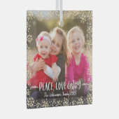 フォトピースラブジョイ金ゴールドスノーフレークモダン休日 ガラスオーナメント (正面右)