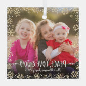 フォトピースラブジョイ金ゴールドスノーフレークモダン休日 ガラスオーナメント (裏面)