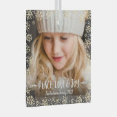 フォトピースラブジョイ金ゴールドスノーフレークモダン休日 ガラスオーナメント (正面右)