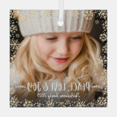 フォトピースラブジョイ金ゴールドスノーフレークモダン休日 ガラスオーナメント (裏面)