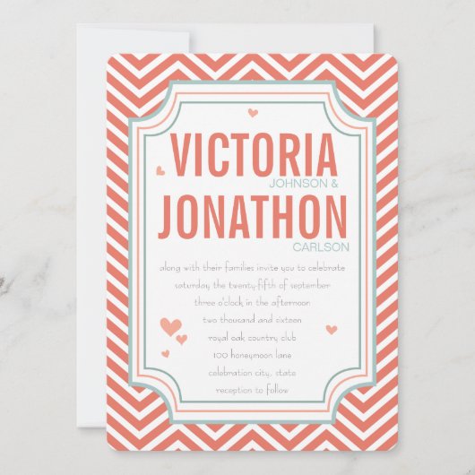 フォトピーチアンドミントジグザグザクタイポグラフィ結婚ズ 招待状 (正面)