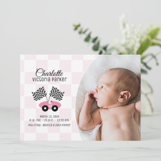 フォトピ市松模様にンク付きレースカー国旗の誕生 招待状 (スタンド正面)