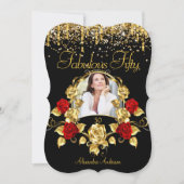 フォトファブラス50パーティーレッドローズグリッター金ゴールド 招待状 (正面)