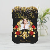 フォトファブラス50パーティーレッドローズグリッター金ゴールド 招待状 (スタンド正面)