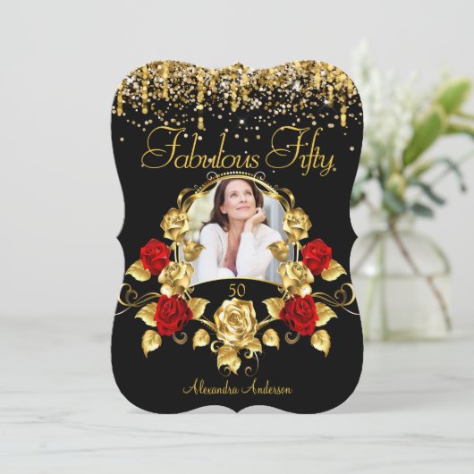 フォトファブラス50パーティーレッドローズグリッター金ゴールド 招待状 (スタンド正面)