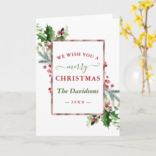 フォトファミリーお祝いのクリスマスリース カード (黄色い花)