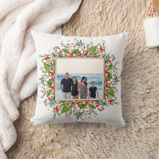 フォトファミリークリスマスグリーンレッド クッション (ブランケット)
