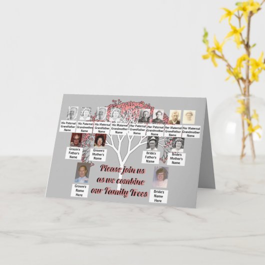 フォトファミリーツリーピンクフラクタルツリーグレー カード (黄色い花)