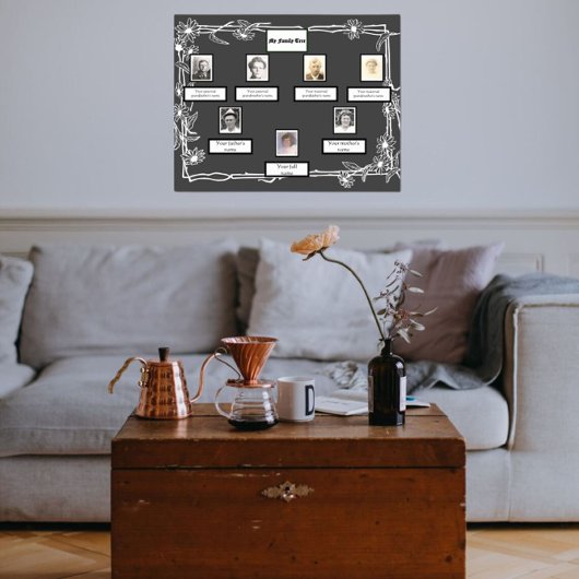 フォトファミリーツリー縁どデイジーアートオンダークグレー ポスター