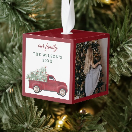 フォトファミリーパーソナライズされたコラージュクリスマストラック キューブオーナメント (ツリー)