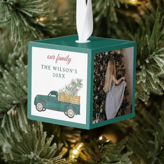 フォトファミリーパーソナライズされたコラージュクリスマストラック キューブオーナメント (ツリー)