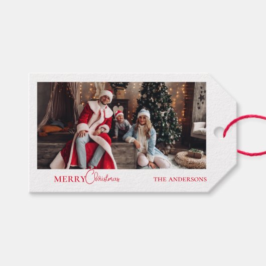 フォトファミリーモダンポートレートレッドクリスマス ギフトタグ (正面(横))