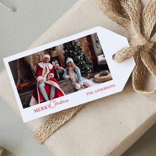 フォトファミリーモダンポートレートレッドクリスマス ギフトタグ