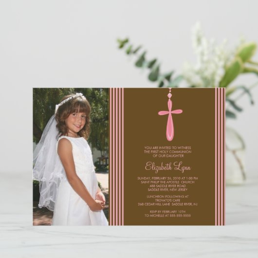 フォトファーストコミュニオン招待状ピンククロス 招待状 (スタンド正面)