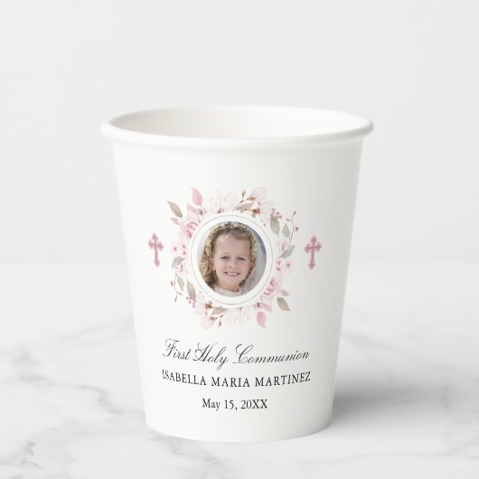 フォトファーストパーソナライズされたコミュニオンピンクフローラ 紙コップ (正面)
