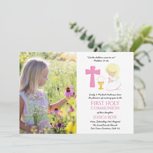 フォトファースト聖餐式招待状ガールブロンド 招待状 (スタンド正面)
