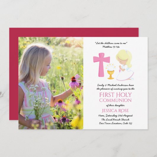 フォトファースト聖餐式招待状ガールブロンド 招待状 (正面/裏面)