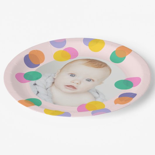 フォトファースト誕生日パステルピンク紙吹雪 ペーパープレート (アングル)