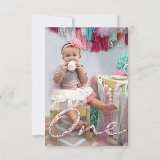 フォトファースト誕生日パーティーグリッターバラワンピンク 招待状 (裏面)