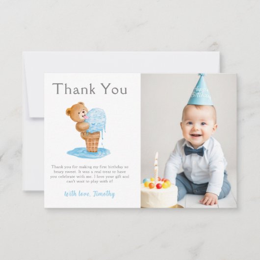 フォトファースト誕生日ボーイテディベアアイスクリーム サンキューカード (正面)