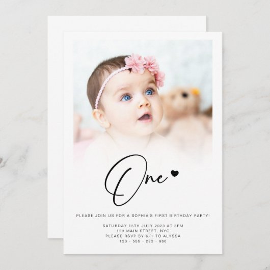 フォトファースト誕生日ワンハートかわいい素敵 招待状 (正面/裏面)