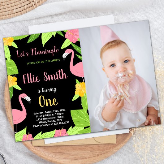 フォトファースト黒緑フラミンゴ誕生日 招待状
