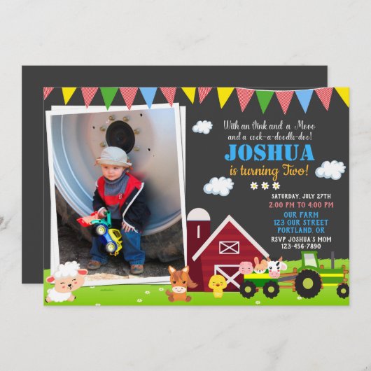 フォトファームの誕生日の招待納屋周囲の庭誕生日 招待状 (正面/裏面)