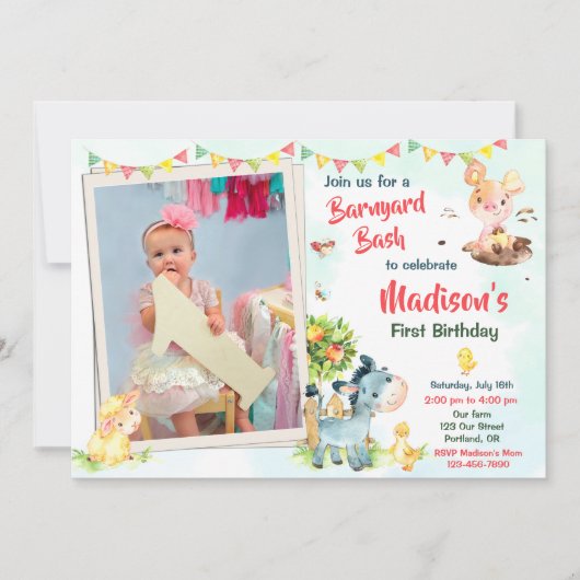 フォトファーム誕生日招待ファームアニマルズ招待状 招待状 (正面)