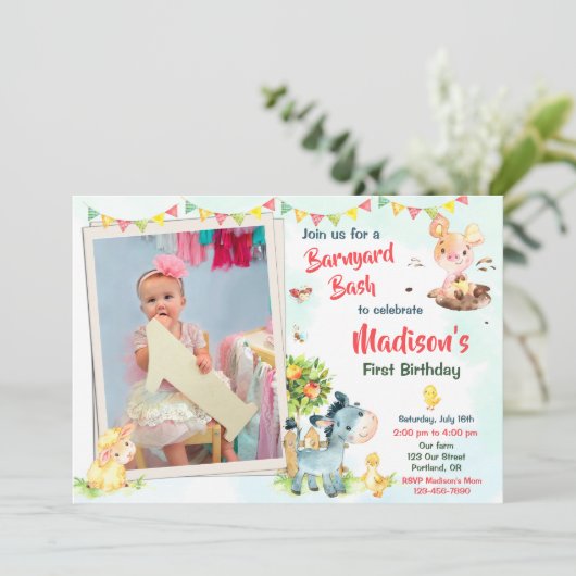 フォトファーム誕生日招待ファームアニマルズ招待状 招待状 (スタンド正面)