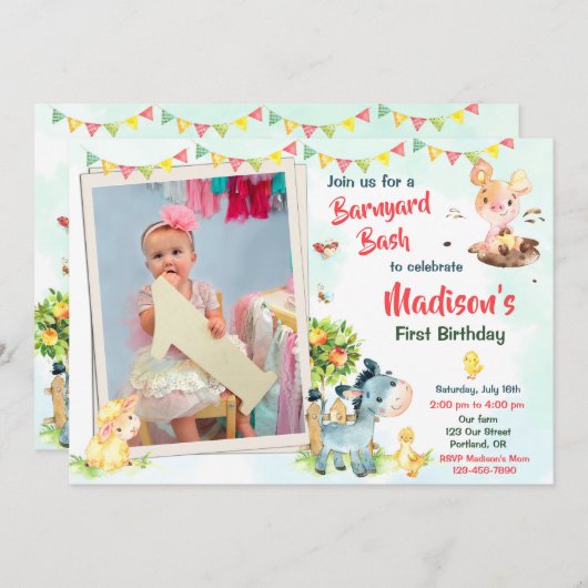 フォトファーム誕生日招待ファームアニマルズ招待状 招待状 (正面/裏面)