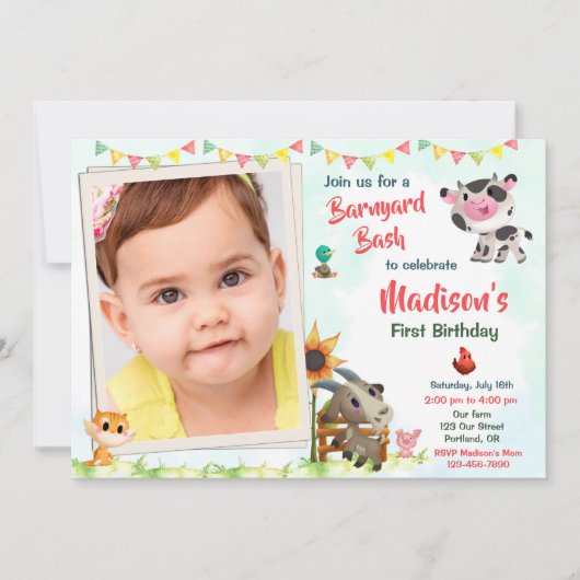 フォトファーム誕生日招待ファームアニマルズ招待状 招待状 (正面)