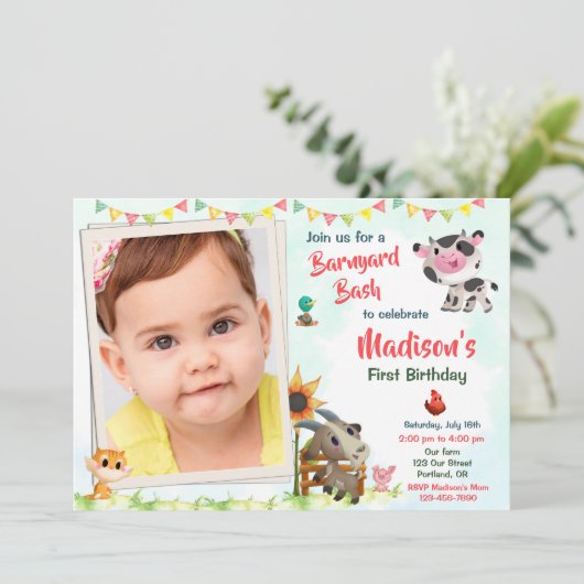 フォトファーム誕生日招待ファームアニマルズ招待状 招待状 (スタンド正面)