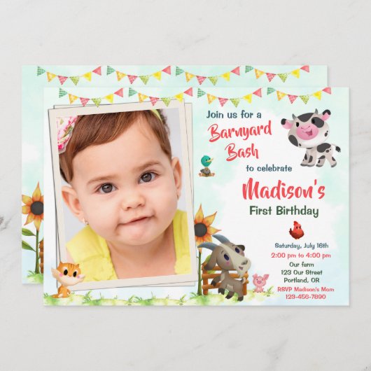 フォトファーム誕生日招待ファームアニマルズ招待状 招待状 (正面/裏面)