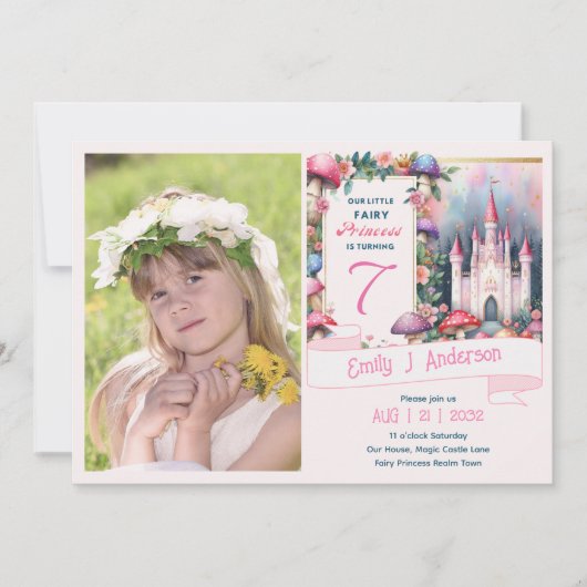 フォトフェアリープリンセス誕生日パーティーピンクフェアヤコア 招待状 (正面)