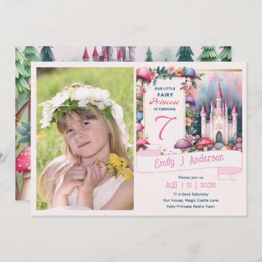 フォトフェアリープリンセス誕生日パーティーピンクフェアヤコア 招待状 (正面/裏面)