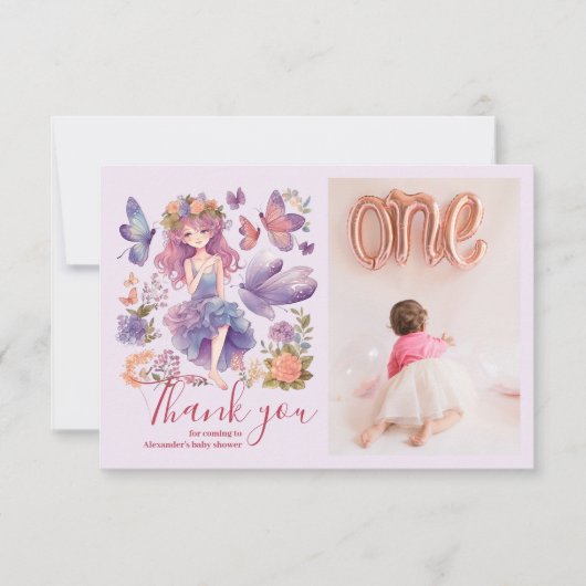 フォトフェアリー最初の魅惑されたウッドランド1歳の誕生日 サンキューカード (正面)