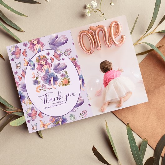 フォトフェアリー最初の魅惑されたウッドランド1歳の誕生日 サンキューカード