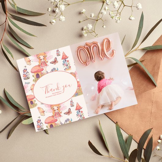 フォトフェアリー最初の魅惑されたウッドランド1歳の誕生日 サンキューカード