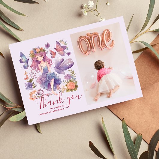 フォトフェアリー最初の魅惑されたウッドランド1歳の誕生日 サンキューカード