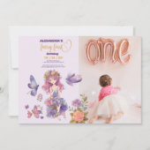 フォトフェアリー最初の魅惑されたウッドランド1歳の誕生日 招待状 (正面)