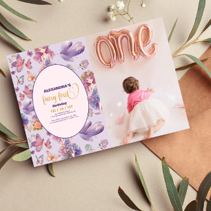 フォトフェアリー最初の魅惑されたウッドランド1歳の誕生日 招待状