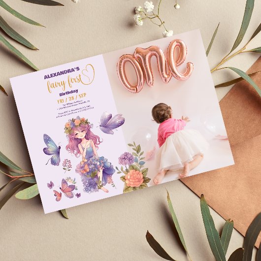 フォトフェアリー最初の魅惑されたウッドランド1歳の誕生日 招待状