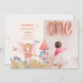 フォトフェアリー最初の魅惑されたウッドランド1歳の誕生日 招待状 (正面)